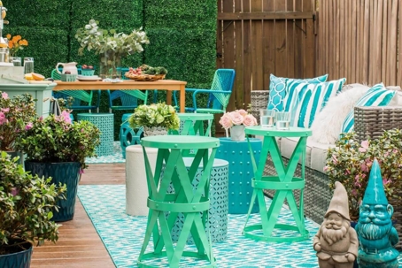Patio decorated with blues, greens, and everything in between.