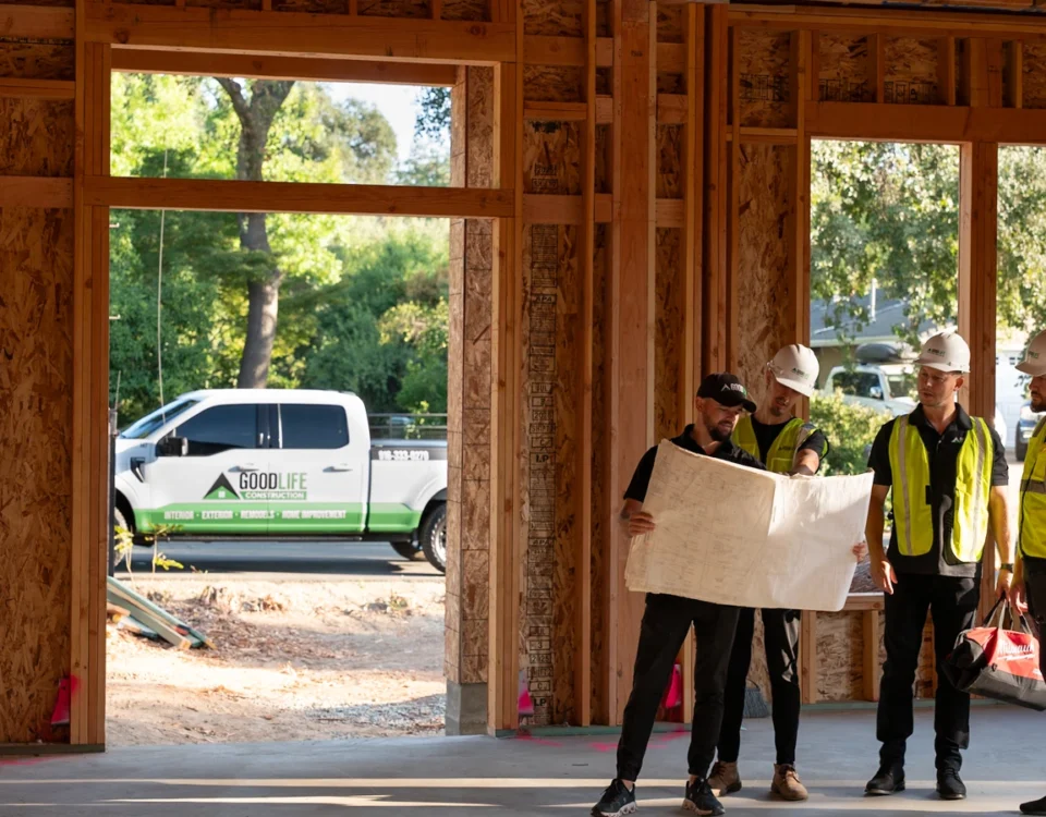 General contractor discussing project tasks with a subcontractor on a job site.