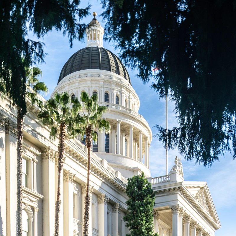 California State Capitol building in Sacramento with palm trees and dome view