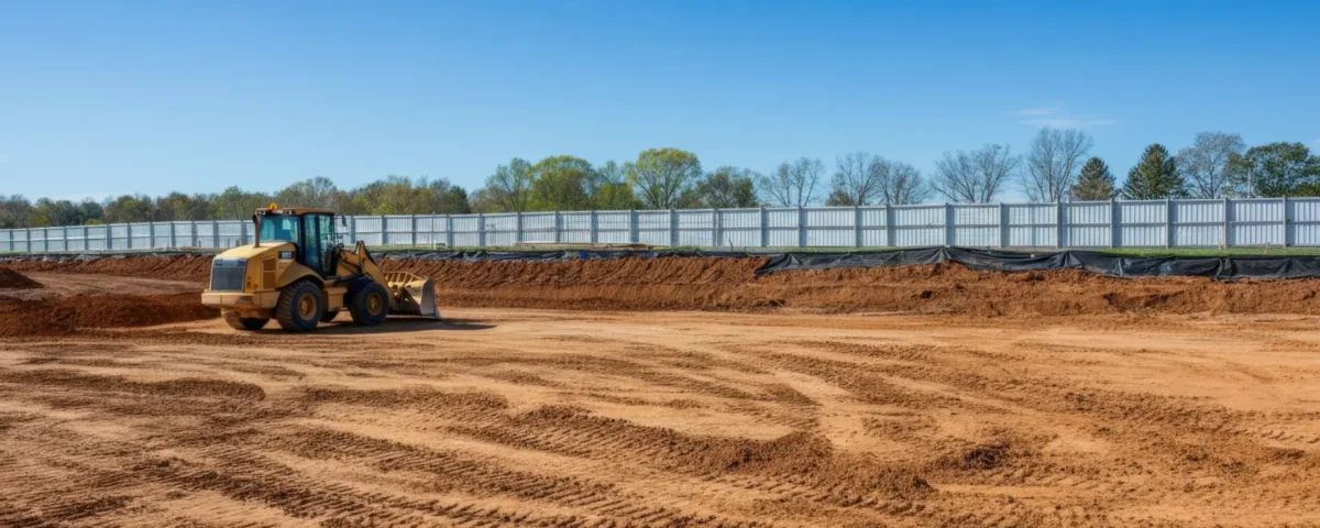 Construction site preparation with excavation and grading before foundation work
