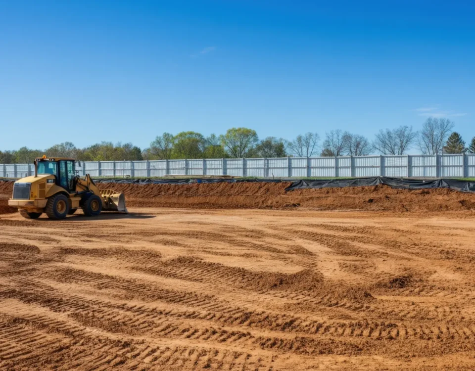 Construction site preparation with excavation and grading before foundation work