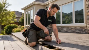 Good Life Construction Worker repairing the Trex deck