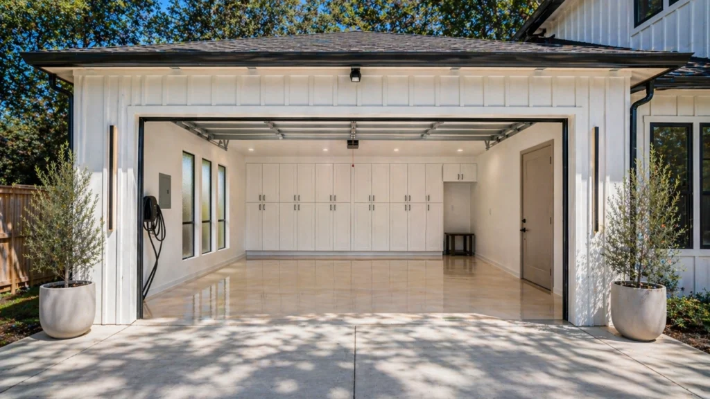 Remodeled garage in Sacramento with polished floors, white storage cabinets, modern lighting, windows, and an EV charger