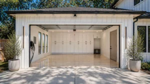 Remodeled garage in Sacramento with polished floors, white storage cabinets, modern lighting, windows, and an EV charger