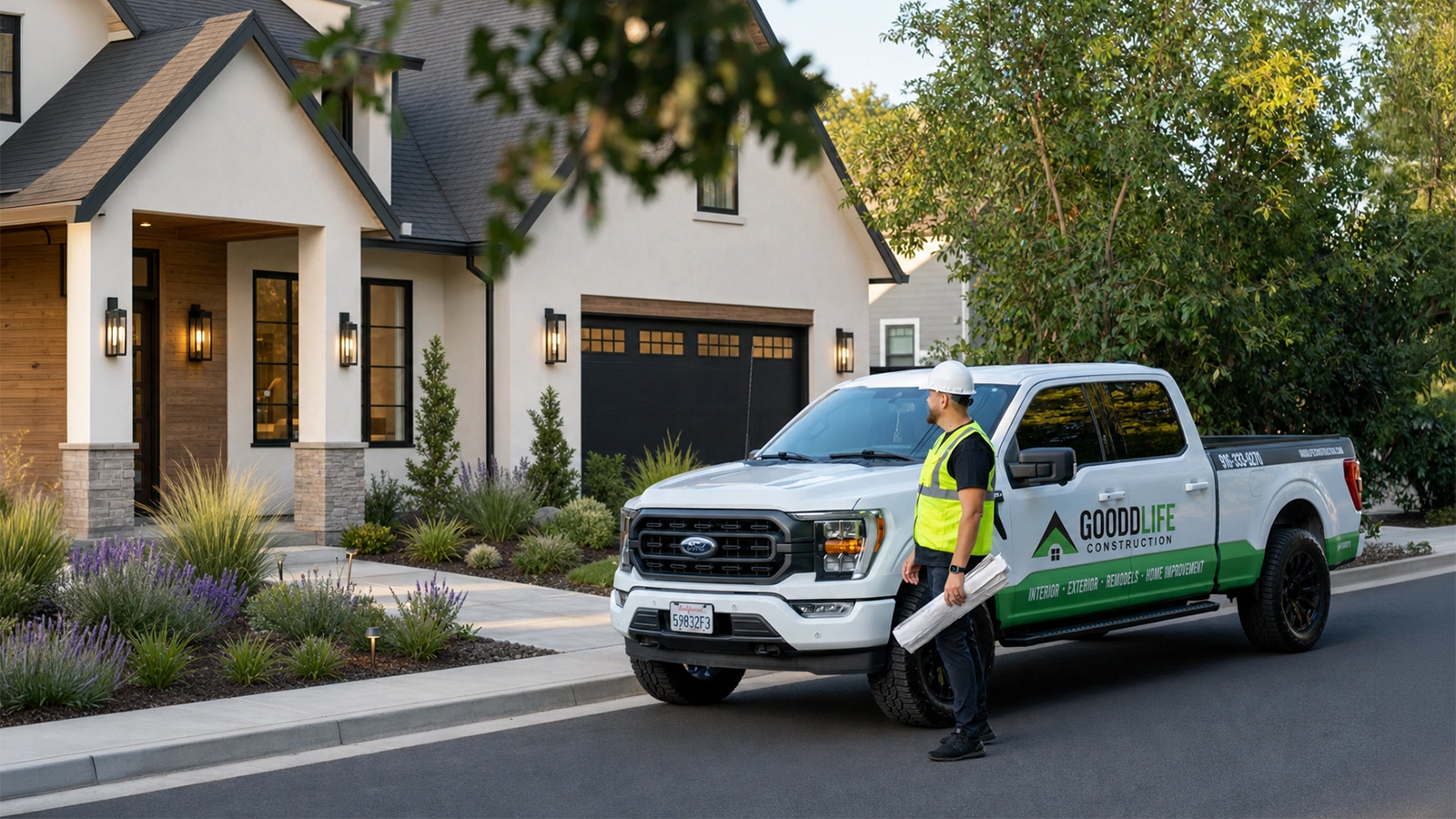 Good Life Construction team member standing beside a company truck outside a Sacramento home