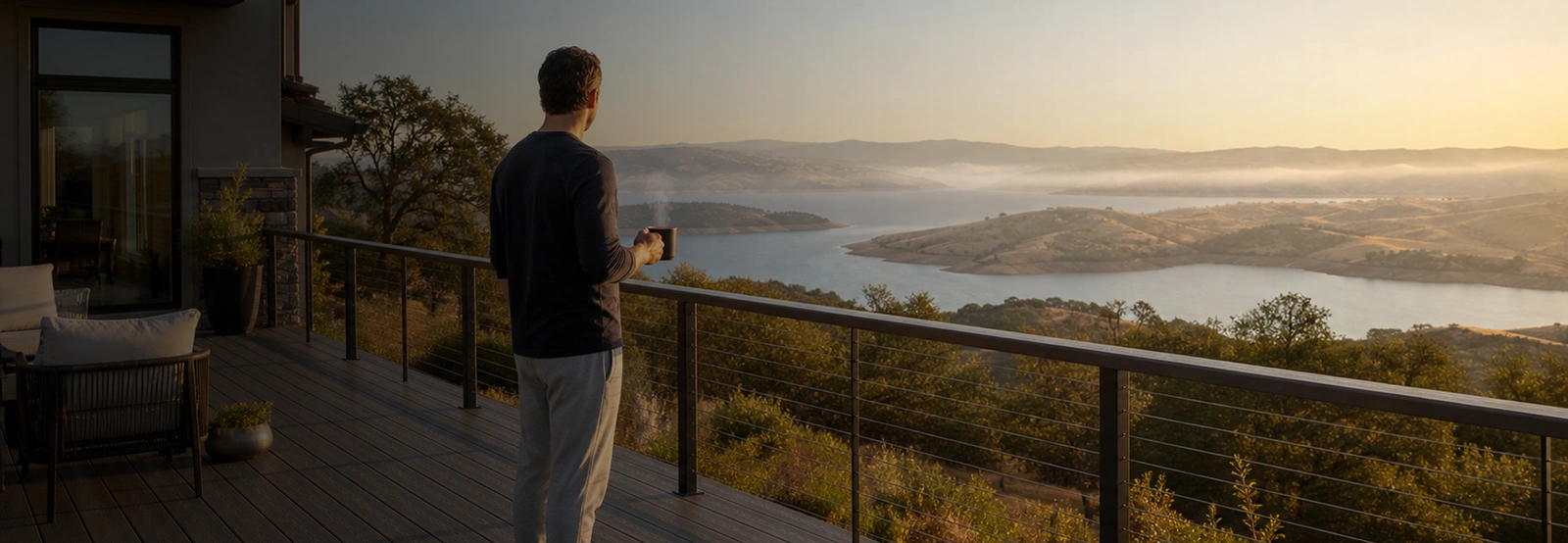 Man holding a steaming mug on a hillside deck, overlooking a lake and misty valley at sunrise