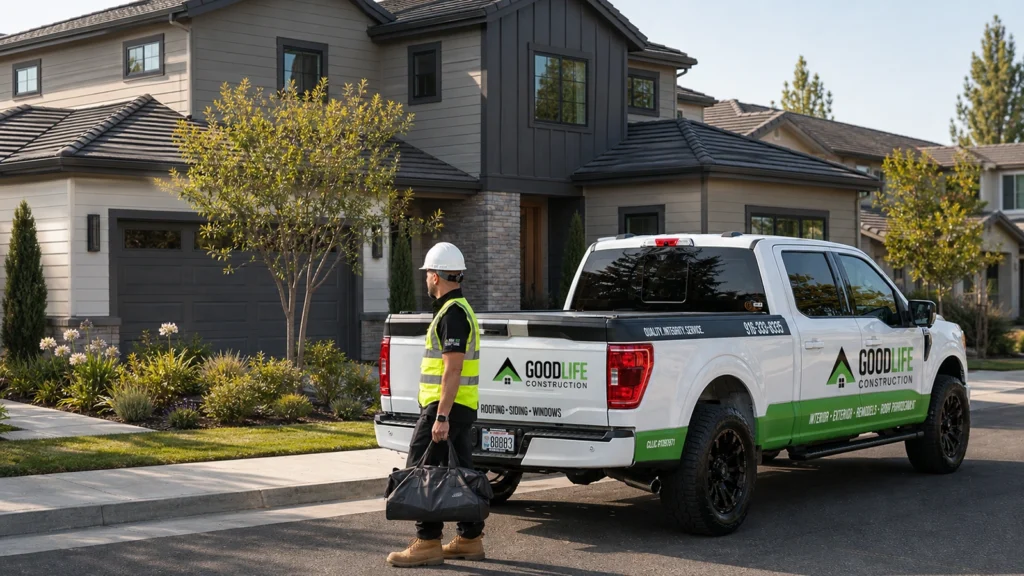 Good Life Construction worker near the truck and house with James Hardie Fiber Cement Siding
